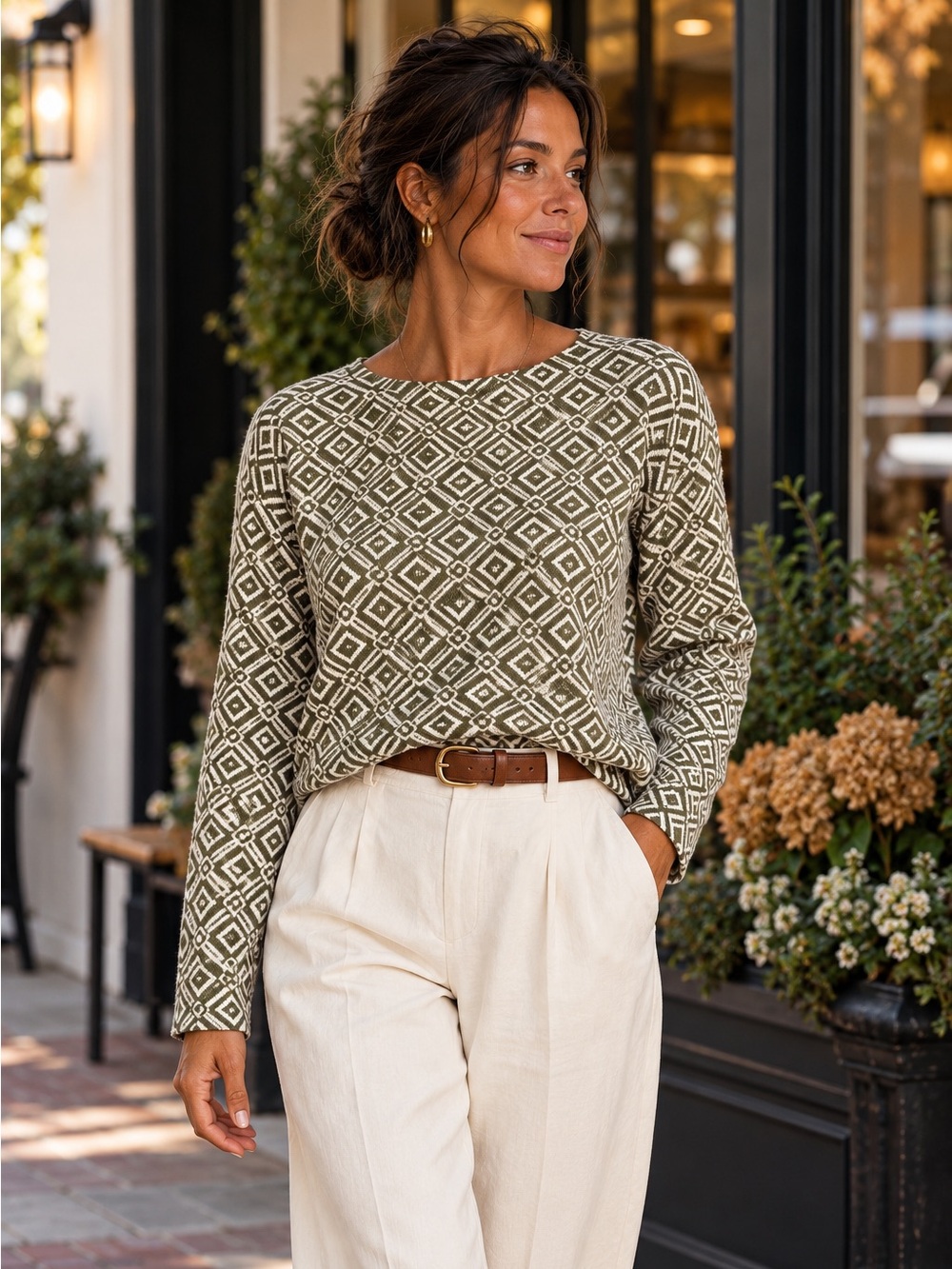 H by Halston Geometric Diamond Knit Sweater Olive Cream Medium
